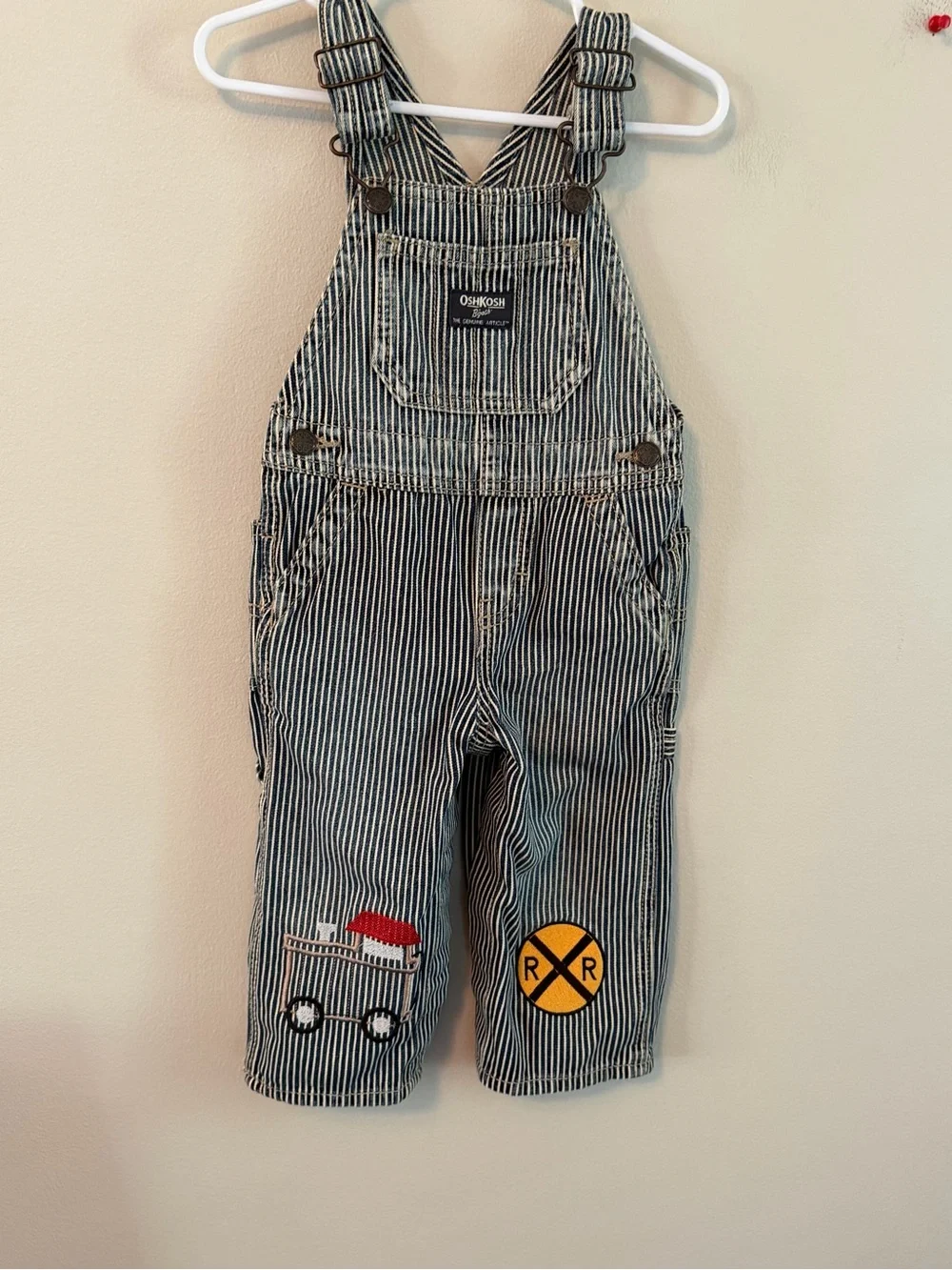 OshKosh B'gosh Blue and White Stripe Train Patch Overalls